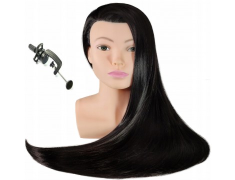 Alícia 70 fodrász babafej válakkal fekete, szintetikus hajból készült babafej tartó állvánnyal, fésülhető babafej, gyakorló fej