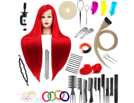 Ilsa edzőfej Red 60 cm, szintetikus haj + nyél, fodrász fésülködő fej, gyakorlófej