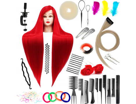 Ilsa edzőfej Red 90 cm, szintetikus haj + nyél, fodrász fésülködő fej, gyakorlófej