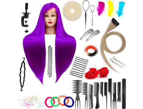 Ilsa edzőfej Purple 90 cm, szintetikus haj + nyél, fodrász fésülködő fej, gyakorlófej