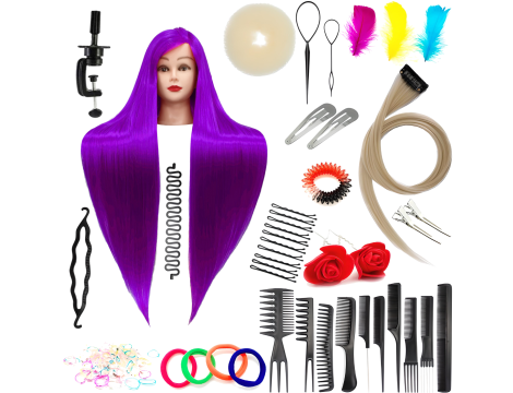 Iza edzőfej Purple 90 cm, szintetikus haj + nyél, fodrász fésülködő fej, gyakorlófej