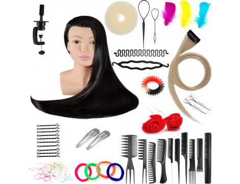 Alicja edzőfej Black 80 cm, szintetikus haj + nyél, fodrász fésülködő fej, gyakorlófej