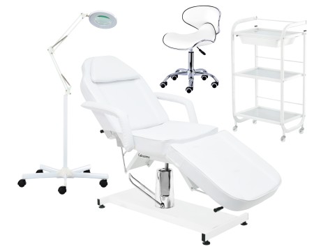 Zestaw kozmetikai szék hidraulikus + támlás támlás + kozmetikai segéd + nagyító lámpa